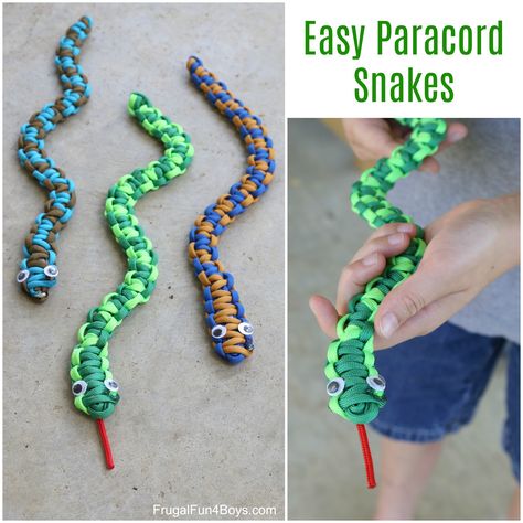 Here’s a fun paracord project for kids – make paracord snakes!  This would be a great craft project for a summer camp or nature club.  Or make them on a rainy day!  The completed snakes are fun to play with. This is an easy project for beginners.  It may take a little while to learn … Crafts For Boys 11-13, Crafts For Boys 6-8, Crafts For Boys 8-10, Craft Snake, Snake Crafts, Nature Club, Paracord Projects Diy, Paracord Diy, Paracord Knots