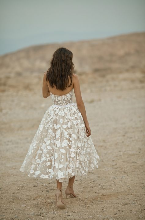 Wonder - This is our midi tea-length gown with a straight corset and belted feminine full skirt, all made of beautiful floral lace. Tea Length Elopement Dress, Ankle Length Wedding Dress Lace, Minimal Midi Wedding Dress, Simple Wedding Dress Ankle Length, Reception Dress Floral, Midi Elopement Dress, Tulle Reception Dress, Floral Wedding Dress Short, Boho Midi Wedding Dress