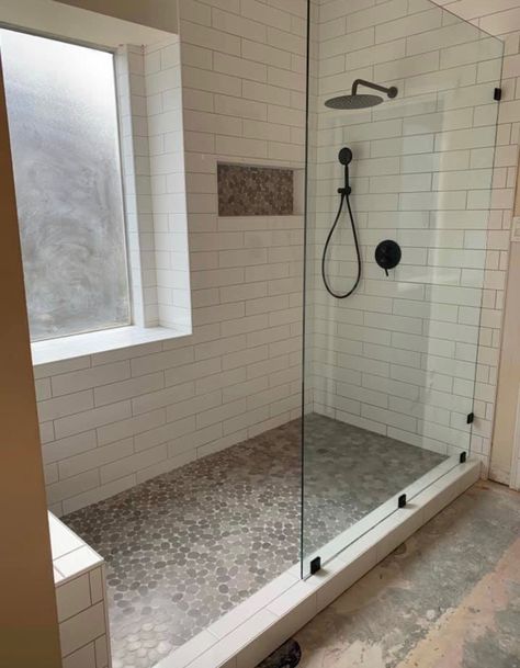 Big Window In Shower, Shower With Off Center Window, Tub To Shower Conversion With Window, Shower With Frosted Window, Master Bath Shower With Window, Large Walk In Showers Master Suite Tile, Narrow Walk In Shower Ideas, Small Coastal Farmhouse Bathroom, Master Bath Remodel No Tub