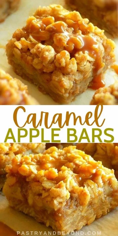 Apple Pie Bars Recipe, Easy Apple Crumble, Caramel Apple Bars, Caramel Sauce Recipe, Resepi Biskut, Pie Bar Recipes, Apple Pie Bars, Apple Bars, Easy Sweets