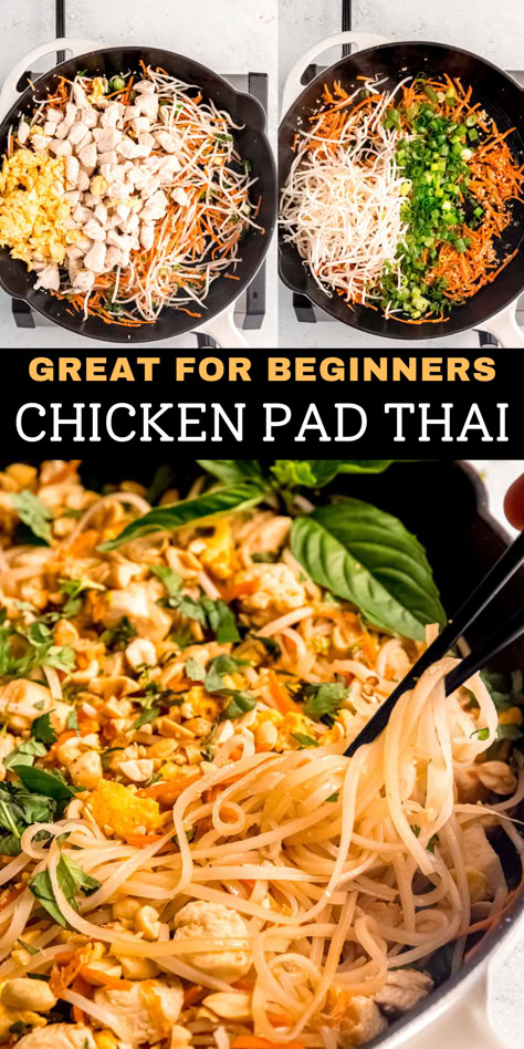 This is the recipe you've been craving! This Chicken Pad Thai is the best 30 minute meal! The delicious sauce covering the juicy chicken, tender noodles, and crunchy peanuts just can’t be beat. Ground Chicken Pad Thai Recipe, Easy Thai Recipes Chicken, Pad Thai Recipe No Peanut, Curry Pad Thai Recipe, East Pad Thai Recipe, Meal Prep Pad Thai, Thai Express Pad Thai Copycat, Simple Pad Thai Recipe, Noodles And Company Pad Thai Recipe