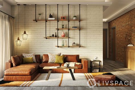 Living Room Brick Wall Ideas, Industrial Wall Decor Living Room, Brick Wall Living Room Ideas Modern, Small Industrial Living Room Ideas, Small Living Room Ideas Leather Couch, Brick Wall Decor Ideas Living Room, Brick Design Wall, Industrial Couches Living Room, Brick Living Room Ideas