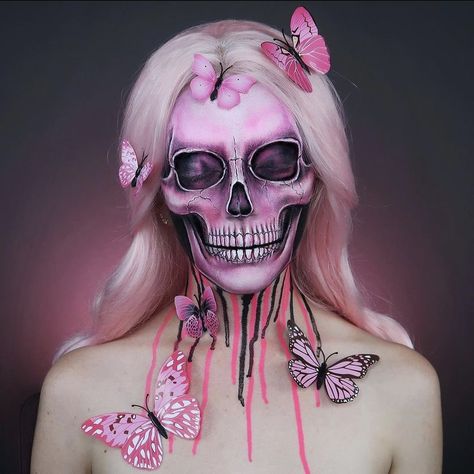 Super Mario Bros Makeup, Pink Halloween Makeup Looks, Pink Skeleton Makeup, Halloween Makeup Pink, Make Up Halloween Mujer, Pink Halloween Makeup, Barbie Skull Makeup, Pink Skull Makeup, Theatrical Makeup Special Effects