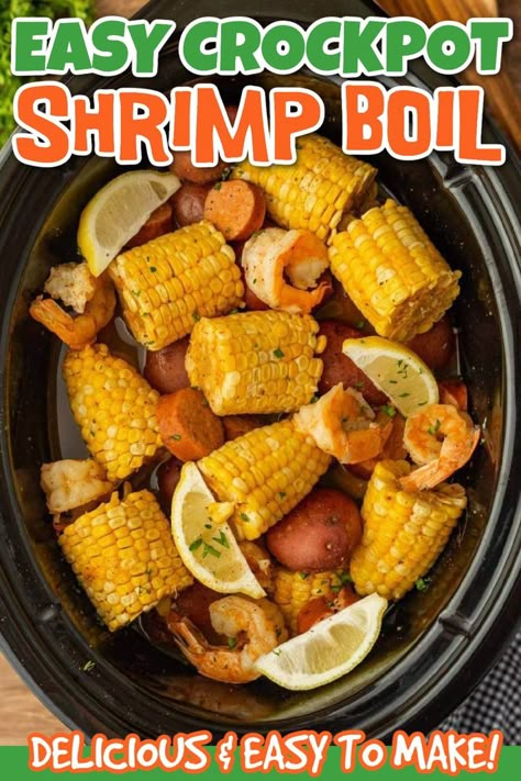 Crockpot Shrimp Boil, Easy Shrimp Boil Recipe, Crock Pot Shrimp, Shrimp And Crab Boil, Crock Pot Corn, Shrimp Corn, Shrimp Boil Recipe, Eating On A Dime, Potted Shrimp