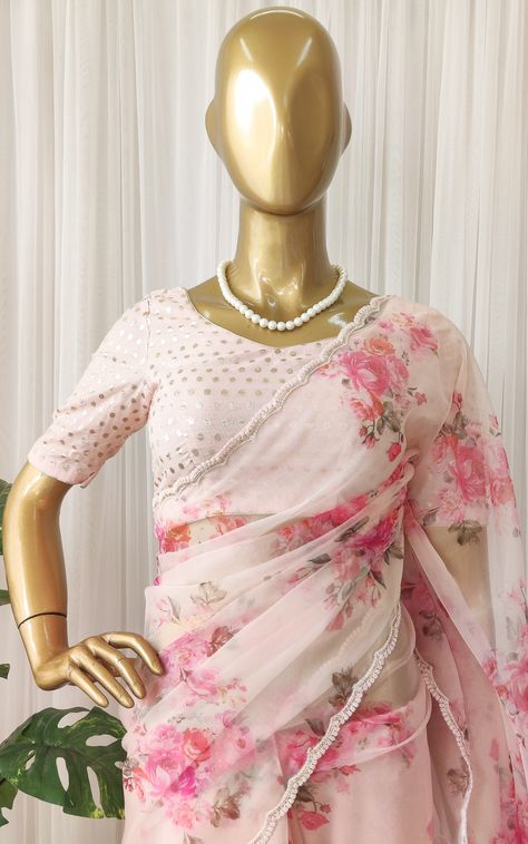 Pretty Organza Saree by Label Kanupriya Shop now on www.labelkanupriya.com E-mail us your queries on labelkanupriya@gmail.com #organzasaree #designersaree #floral #designerblouse Floral Organza Saree, Label Kanupriya, Printed Organza, Blouse Stitching, Saree Sale, Organza Blouse, Peony Pink, Blouse Measurement, Organza Sarees