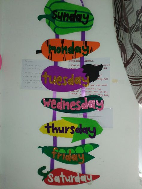 Days Of The Week Classroom Decoration, Playschool Decoration Ideas, Days Of Week Chart Preschool, Magic Words Chart For Preschool, Days Of The Week Chart Classroom Decor, Magic Words Classroom Decoration, Colours Name For Kids, Kids Crafts Summertime, Crafts Kindergarten