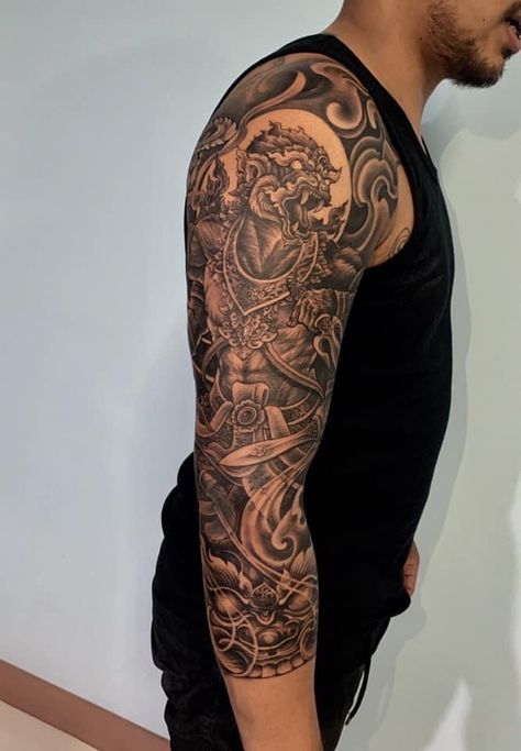 Thai Sleeve Tattoo, Mew Tattoo, Cambodian Tattoo, Tattoo 2022, Hanuman Tattoo, Bullock Cart, Khmer Tattoo, Thailand Tattoo, Sak Yant Tattoo