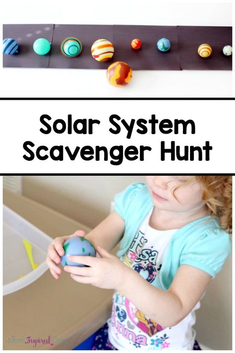 Solar system scavenger hunt. A fun and active way to teach kids about outer space and the planets! Space Games For Kids, Solar System Information, Fun Science Experiments For Kids, Outer Space Activities, Homeschooling Science, Vbs Space, Fun Science Experiments, Space Lessons, Space Activities For Kids