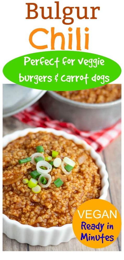 If you love carrot/veggie dogs and black bean burgers but miss topping them with chili, I think you're about to do a happy-dance! This quick vegan chili recipe is simmered with spices and onions and can be made in minutes. #veganchili #healthychili #meatlesschili #plantbasedchili Wfpb Chili, Meal Alternatives, Wfpb Sauces, Wfpb Soup, Chili Cheese Fries Recipe, Bulgur Wheat Recipes, Vegan Beverages, Best Vegan Chili, Summer Grill