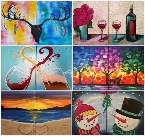 Ladies Night Party Themes, Couples Paint Night, Date Night Painting, Painting Date Night, Xmas Painting Ideas, Couples Painting Ideas, Couple Painting Ideas, Paintings With Flowers, Couples Painting