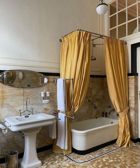 Fun Shower Curtain, Italian Bathroom, Tiny Bath, Timeless Bathroom, Bath Curtain, Luxury Shower, Yellow Bathrooms, Patiently Waiting, Vintage Bathrooms