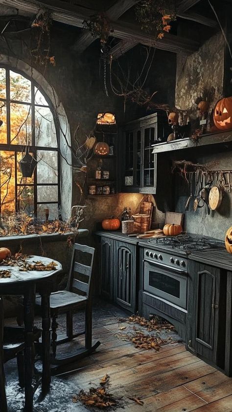 Transform your culinary space into a hauntingly beautiful haven with these enchanting Halloween kitchen decor ideas. Drape cobweb runners across countertops and adorn cabinets with spooky silhouettes. Display eerie apothecary jars filled with colorful potions and label them with clever names. Hang vintage-inspired Halloween tea towels and replace ordinary cabinet knobs with miniature pumpkins or skulls. Add a touch of whimsy with a witch's broom propped in the corner and a cauldron filled with c Haunted Kitchen, Spooky Silhouettes, Apothecary Jar Ideas, Apothecary Kitchen, Witches Kitchen, Dark Cottage Core, Halloween Kitchen Decor, Dark Academy, Witches Cauldron