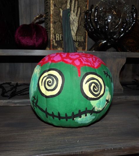 Pumpkin Painting Ideas Zombie, Zombie Painted Pumpkin, Alice In Wonderland Pumpkin Painting, Zombie Pumpkin Painting, Skull Pumpkin Painting, Frankenstein Pumpkin Painting, Scary Pumpkin Painting, Pumpkin Carving Alternatives, Pumpkin Frankenstein