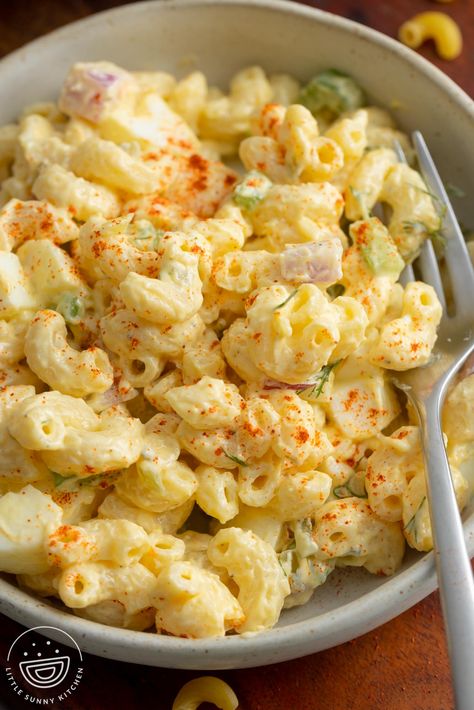 This easy Deviled Egg Pasta Salad is perfect for a BBQ, with the creamiest, most flavorful dressing and crunchy veggies. Pasta Salad With Egg, Pasta Salad With Eggs, Easy Macaroni Salad With Eggs, Deviled Eggs Macaroni Salad, Deviled Eggs Pasta Salad, Devilled Egg Pasta Salad, Deviled Egg Macaroni Salad Recipe, Creamy Deviled Egg Pasta Salad, Deviled Egg Pasta Salad Recipe