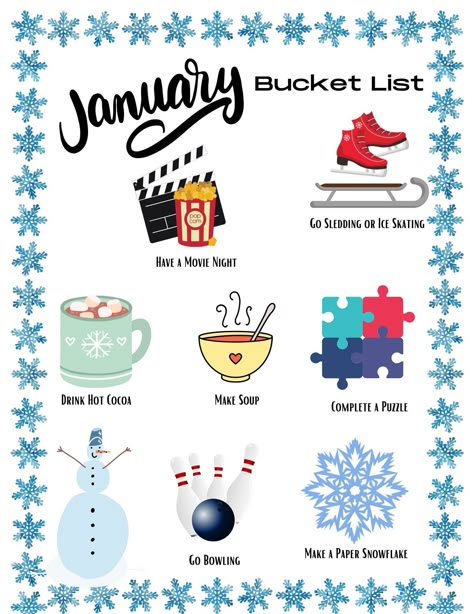 This fun and colorful January bucket list is a perfect family activity. This is a PDF  printable that can be instantly downloaded. Printable as many times as you like. This will print as an 8.5" X 11". You will NOT receive a physical copy. This is an INSTANT DOWNLOAD. For personal use only. You may not share, sell, or recreate any of my files. Thank you for supporting my small business! Please feel free to reach out to me with questions or if you need help! January Party Ideas, January Bucket List, 2023 Bucket List, Bucket List Printable, January Activities, School Bag Essentials, Fall Bucket List, List Printable, Paper Snowflakes