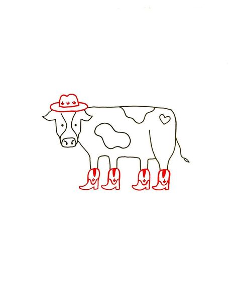 Handpoke tattooz on Instagram: “Cow wearing cowboy boots and hat !!! I’m sorry but can someone pls book in to get this tattooed hahaha its got such pure energy 🐄♥️ email…” Cow With Hat Tattoo, Cowboy Cow Tattoo, Cow Wearing Sweater Tattoo, Cowboy Doodles Easy, Cow With Cowboy Hat Tattoo, Simple Cow Tattoo, Mini Cow Tattoo, Hipster Animals Illustration, Cowboy Line Art