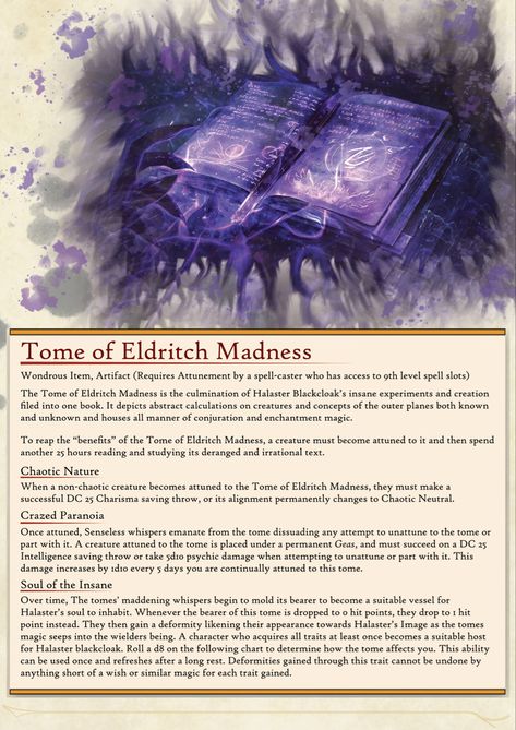 Warlock Items 5e, Eldritch Tome, Warlock Magic Items 5e, Eldritch Madness, Dnd Eldritch, Eldritch Magic, Dnd Madness, Dnd Artifacts, Homebrew Items