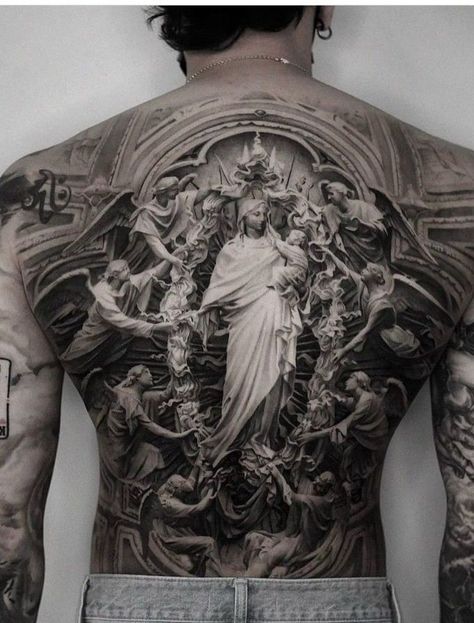 Mens Body Tattoos, Backpiece Tattoo, Full Leg Tattoos, Full Tattoo, Back Piece Tattoo, Statue Tattoo, Full Back Tattoos, Religious Tattoo, Neck Tattoo For Guys