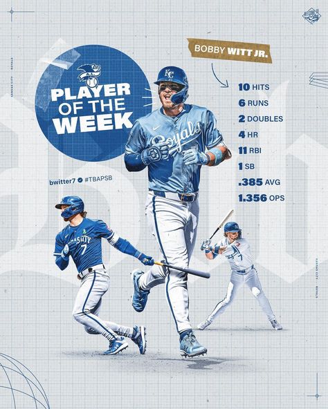 He’s called Bobby Baseball for a reason! Congratulations to Bobby Witt Jr. on being named the American League Player of the Week! | Instagram Bobby Witt Jr, Team Poster, Sport Graphic, Poster Idea, Sports Media, Sports Design Inspiration, Sport Poster Design, Sports Marketing, Graphic Design Photoshop