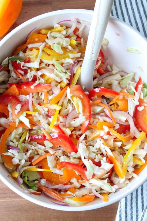 Sweet & Tangy Bell Pepper Slaw Bell Pepper Slaw, Bell Pepper Slaw Recipe, Sweet Pepper Coleslaw, Sweet Pepper Slaw Recipes, Red Slaw Recipe, Sweet Pepper Slaw, Pepper Slaw Recipe, Tangy Coleslaw Recipe, Balanced Nutritionist