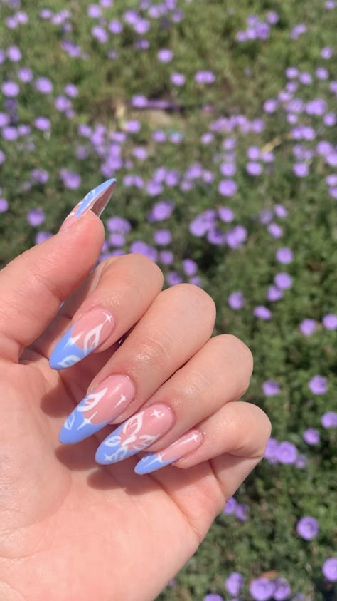 Oval Nails With Butterflies, Short Almond Acrylic Nails Butterfly, Blue Nails Ideas Butterfly, Almond Nail Butterfly, Butterfly Design Nails Acrylics, Blue French Tip With Butterflies, Blue French Tip Nails With Butterfly, Blue Nail Designs Butterfly, Almond Nails Butterfly Designs