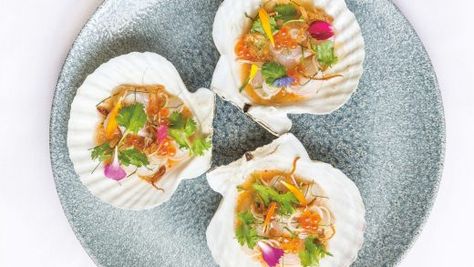 Scallop ceviche Scallop Ceviche, Salmon Roe, Sour Soup, Fried Shallots, Thai Dishes, Mouthwatering Recipes, Wedding Food, Fresh Rolls, Cooking Time