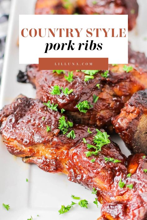 Tender + delicious country style pork ribs are finger-licking good! They are perfect for a BBQ, or any night of the week. #countrystyleribs #ribs #porkribs #bbq Recipes For Boneless Pork Ribs, Cou Try Style Pork Ribs, Pork Side Ribs Recipe, Healthy Country Style Pork Ribs, Boiled Country Style Pork Ribs, Barbecued Country Style Pork Ribs, Pork Rib Country Style, Tender Country Style Ribs, Pork Country Style Ribs