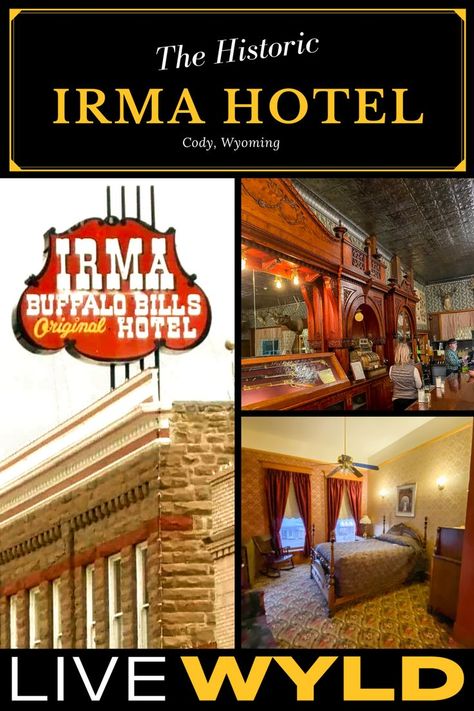 Visit the historic Irma Hotel in Cody, Wyoming, just east of Yellowstone National Park. Built by Buffalo Bill Cody, founder of Cody, Wyoming. Eat, stay and drink at the historic Irma Hotel Irma Hotel Cody Wyoming, Wyoming Travel Road Trips, Cody Wyoming, Yellowstone Trip, Wyoming Travel, Buffalo Bill, National Park Road Trip, Ghost Hunting, Travel Board