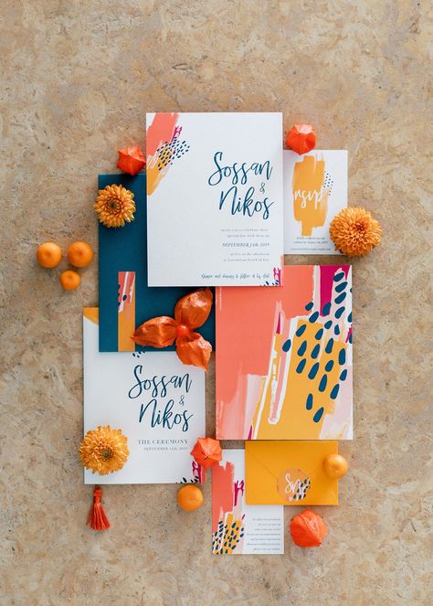 Wedding Invitation Cards Colorful, Bright Invitation Design, Color Block Wedding Invitation, Wedding Invitation Colorful, Wedding Invitations Colorful, Bright Wedding Color Schemes, Bright And Bold Wedding, Sunset Wedding Colors, Sunset Wedding Invitations