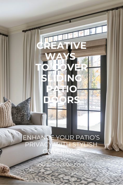 Explore creative curtain options for covering sliding patio doors. #CurtainSolutions #SlidingDoors Patio Sliding Door Curtains, Patio Doors In Living Room, Drapes On Sliding Glass Doors, Window Dressing For Sliding Glass Doors, French Door Curtain Ideas Living Room, Curtain French Door, Sliding Doors With Curtains, Curtains For Patio Doors Sliders, Drapes Over Sliding Glass Door