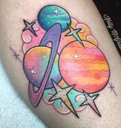 Kawaii Tattoos, Ufo Tattoo, Colorful Tattoo, Petit Tattoo, Planet Tattoos, Alien Tattoo, Kawaii Tattoo, Tatuaje A Color, Space Tattoo