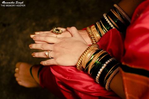 My grandma had these, passed down to my mom. Maharashtrian Tode. Courtsey -- Anamika   Singh Maharashtrian Traditional Jewellery, Maharashtrian Bangles Gold, Marathi Bangles, Green Bangles Maharashtrian, Maharashtrian Bangles, Traditional Maharashtrian Jewellery, Maharashtrian Bride, Green Bangles, Bangle Ceremony