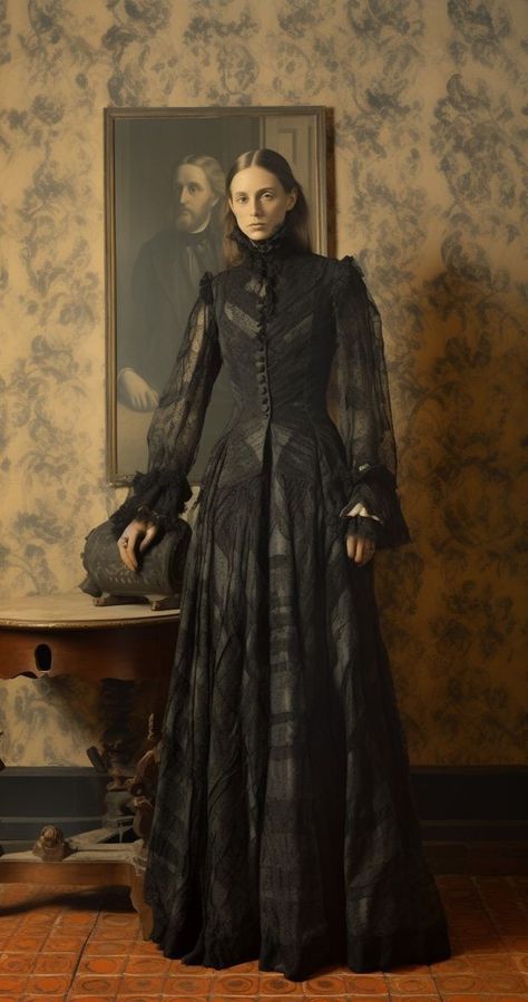 Gothic Period Fashion, Dark Victorian Outfits, Victorian Witch Outfit, Dark Victorian Aesthetic Outfit, Modern Medieval Fashion, Vampire Gown, Dark Victorian Aesthetic, Victorian Gothic Aesthetic, Medieval Goth