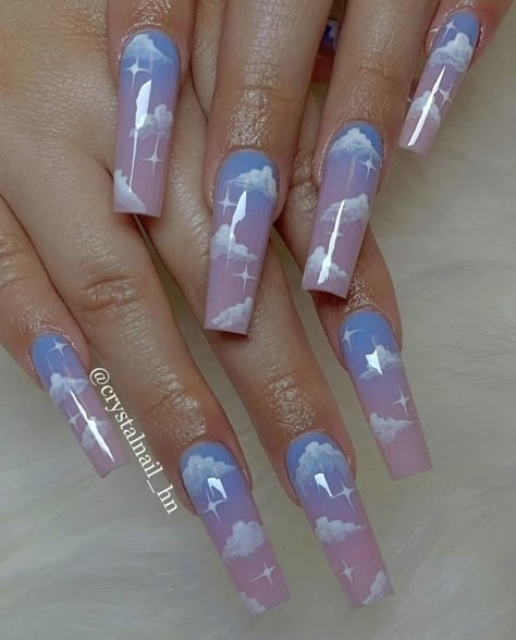 Blue And Purple Ombre Nails Acrylic, Gender Reveal Nail Designs, Anime Gender Reveal, Baby Pink And Blue Nails, Pink And Baby Blue Nails, Gender Nails Ideas, Baby Shower Nails Neutral, Cloud Acrylic Nails, Cloud Nails Acrylic