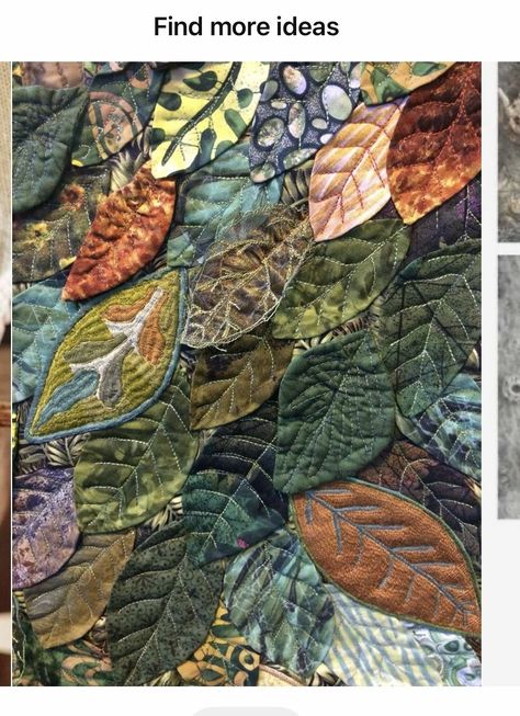 Textiles Inspired By Nature, Slow Stitching Textile Art, Textile Leaves, Cool Quilts, Quilted Leaves, Quilted Landscapes, Nature Textiles, Leaf Quilts, Fiber Art Collage