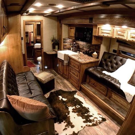 Rustic farmhouse style in custom living quarter horse trailer by Trail Boss Conversions Live In Quarters Horse Trailer, Horse Trailer Living Quarters Decorating, Horse Trailers Living Quarters, Horse Trailer Decorating Ideas, Living Quarters Horse Trailer Ideas, Horse Trailer Decor, Living Quarters Horse Trailer Ideas Diy, Horse Trailer Living Quarters Remodel, Rustic Trailer