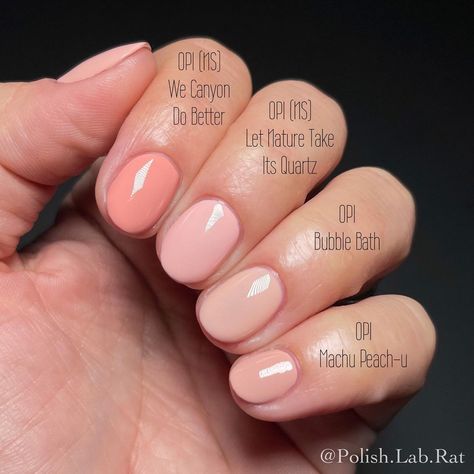 Larissa ⚜️ Nail Account on Instagram: “All the soft neutrals in all the lighting - here’s to hoping I didn’t make any typos on this one 😂 . Thumb has Machu Peach-u as well. . .…” Opi Nail Polish Bubble Bath, Neutral Peach Nails, Opi Peach Nail Polish, Soft Peach Nails, Bubble Bath Opi Nails, Peach Manicure, Opi Gel Nail Colors, Opi Swatches, We Need A Break