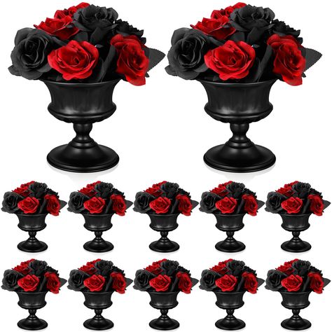 Goth Centerpiece Ideas, Romantic Goth Party Decor, Red And Black Wedding Ceremony, Halloween Wedding Red And Black, Red Black And White Wedding Decorations Receptions Centerpiece Ideas, Red Black And Silver Wedding Centerpieces Table Decorations, Red And Black Wedding Ideas On A Budget, Black And Red Table Decorations, Red And Black Table Setting