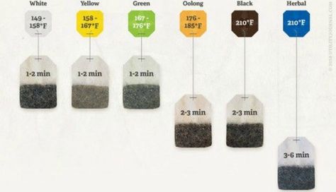 Tea Brewing Tip by utilityjournal via finedininglovers: Different types of tea should be brewed at different temperatures for different lengths of time. Opinions vary, but here’s some help to get you started. #Infographic #Tea_Brewing Paleo Shopping List, Different Types Of Tea, Perfect Cup Of Tea, Steeped Tea, Types Of Tea, Kitchen Helper, Brewing Tea, Eat Well, Frappe