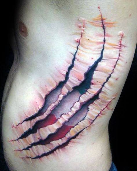 Ripped Skin Italian Flag Bear Claw Mens Rib Cage Side Tattoos Scratch Tattoo, Bear Claw Tattoo, Claw Tattoo, Amazing 3d Tattoos, Rip Tattoo, Italian Tattoos, Optical Illusion Tattoo, Kunst Tattoos, Wing Tattoo Designs