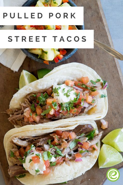 Pulled Pork Street Tacos | eMeals.com Pulled Pork Street Tacos Crock Pot, Street Tacos Recipe Pork, Street Tacos Pork, Pulled Pork Tacos Crock Pot Recipes, Pulled Pork Tacos With Slaw, Pulled Pork Street Tacos, Bell Pepper Relish, Pulled Pork Dishes, Pork Street Tacos