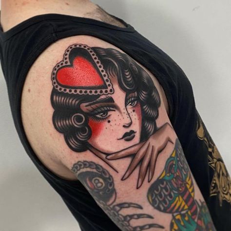 Ladyhead Tattoo Traditional, Traditional Women Tattoo, Traditional Tattoo Girl Head, Traditional Woman Tattoo, Lady Head Tattoo, Traditional Tattoo Girls, Designing Tattoos, Traditional Tattoo Woman, Chicken Tattoo