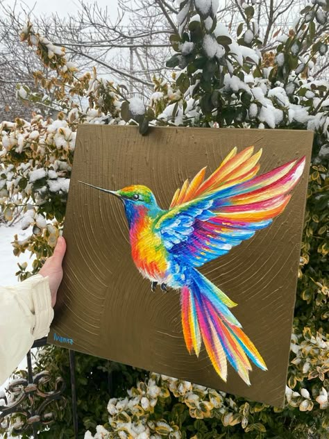 Hummingbird Painting on Canvas Colorful Hummingbird Wall Art Gold Bird Oil Painting Original Humming Bird Art Work Golden Bird Lover Gift - Etsy Bird Painting Ideas, Mates Decorados, Freedom Bird, Bird Oil Painting, Art Dragonfly, Colorful Hummingbird, Sunset Canvas Painting, Hummingbird Wall Art, Golden Bird