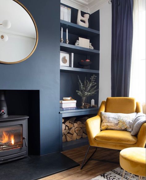 Living Room Mustard, Chair Interior Design, Mustard Chair, Blue And Gold Living Room, Farrow And Ball Living Room, Bold Living Room, Dark Blue Living Room, Navy Living Rooms, Feature Wall Living Room