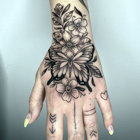 Butterfly Hand Tattoo Monarch Hand Tattoo, Monarch Butterfly Hand Tattoo, Butterfly Flower Hand Tattoo, Back Of Neck Butterfly Tattoo, Hand Flower Tattoos, Flower Hand Tattoos For Women, Butterfly Hand Tattoo For Women, Top Of Hand Tattoos For Women, Hand Tattoo Butterfly