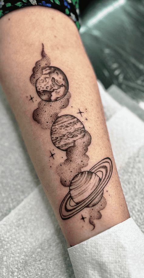 Space Cloud Tattoo, Girly Space Tattoo, Tattoo Ideas Planets, Astronomy Tattoo Ideas, Galaxy Sleeve Tattoo, Planets Tattoo Design, Clouds And Stars Tattoo, Astronomy Tattoos, Small Hip Tattoos Women