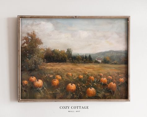 Vintage Fall Paintings, Fall Art Painting, Cottage Fall Decor, Cottage Artwork, Vintage Style Painting, Pumpkin Field, Art Cottage, Rustic Pumpkin, Landscape Wall Decor