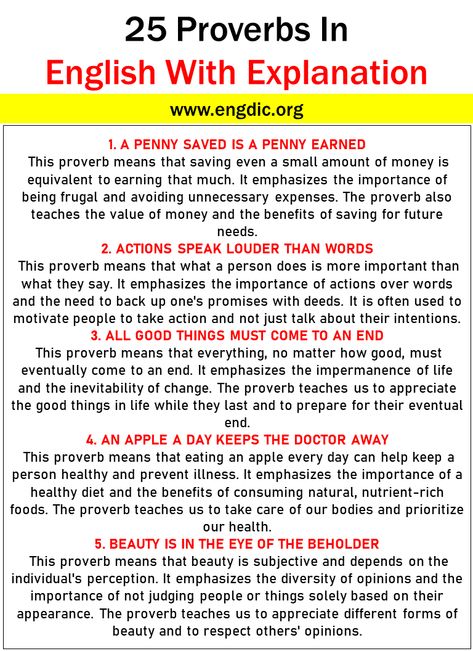 The English language is full of wisdom, and proverbs are a great way to learn about the culture and beliefs of its people. Proverbs offer pieces of advice that have been passed down from generation to generation and provide insight into how people think and behave in various situations. If you are interested in learning more about the English language, this article will discuss 25 popular proverbs with an explanation pdf. These proverbs come from different parts of the world and they all offer u Proverbs With Meaning, English Proverbs With Meanings, Proverbs For Students, Proverbs In English, School Sayings, Proverb With Meaning, English Teacher Lesson Plans, Proverb Meaning, Popular Proverbs