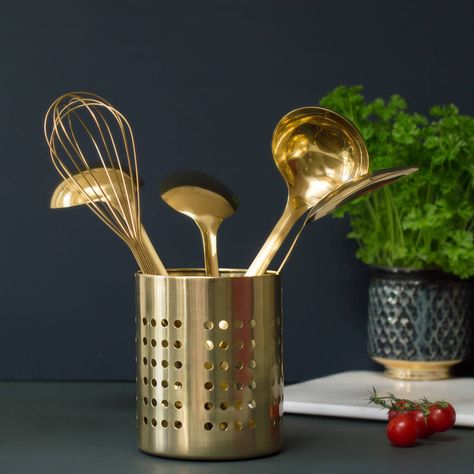 Kitchen utensil holder...for tablescape...mentioned in dialogue...spatula played with Blue And Gold Kitchen Ideas, Navy Blue And Gold Kitchen, Kitchen Black And Gold, Gold Kitchen Utensils, Gold Utensils, Gold Kitchen Accessories, Room Organizer, Kitchen Set Up, Quirky Kitchen