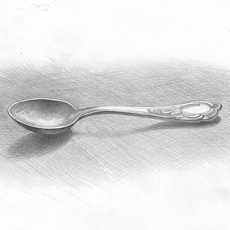 Teaspoon Drawing, Spoon Sketch, Spoon Drawing, Still Life Sketch, Pencil Drawing Ideas, A Level Art Sketchbook, Object Drawing, Geometric Drawing, Pencil Painting